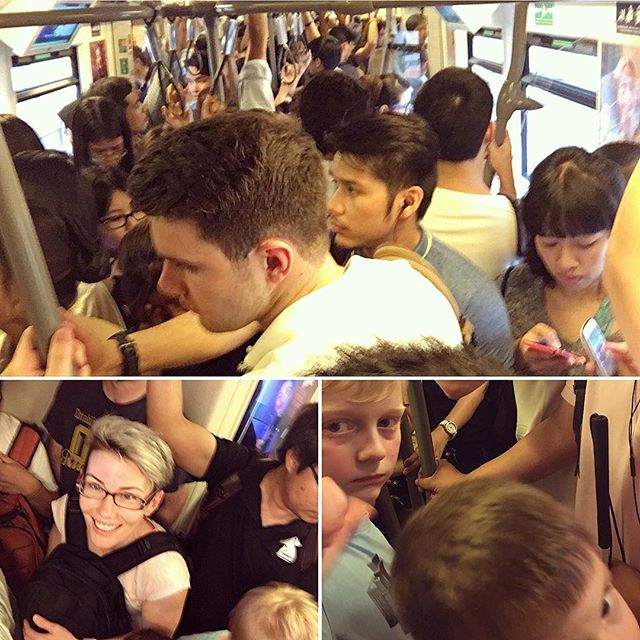 Traveling on the BTS (sky train). Quickest way to get to places. We are packed in like sardines. The kids loved it 😬